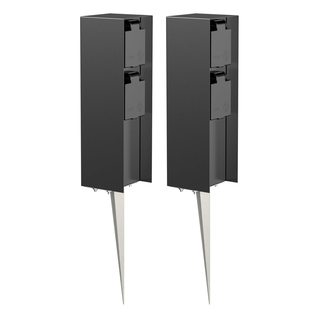 ledscom.de 2 Stück Garten-Steckdosen-Säule POMI mit Erdspiess für aussen, IP44, 2-Fach, schwarz, eck