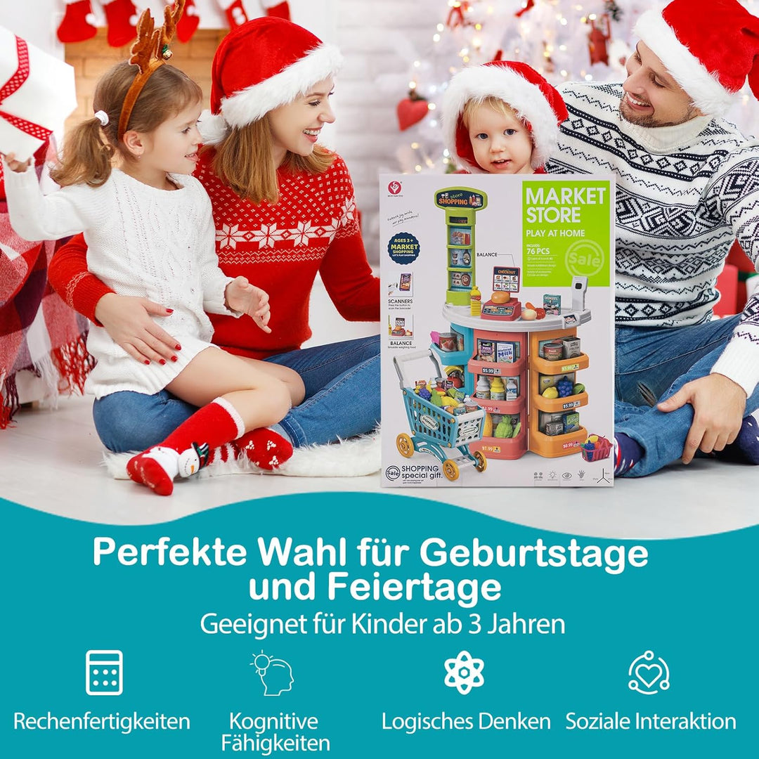 COSTWAY Kaufladen mit Einkaufswagen, Kinder Kaufmannsladen mit Waage, Regalen, Scanner mit Licht & S