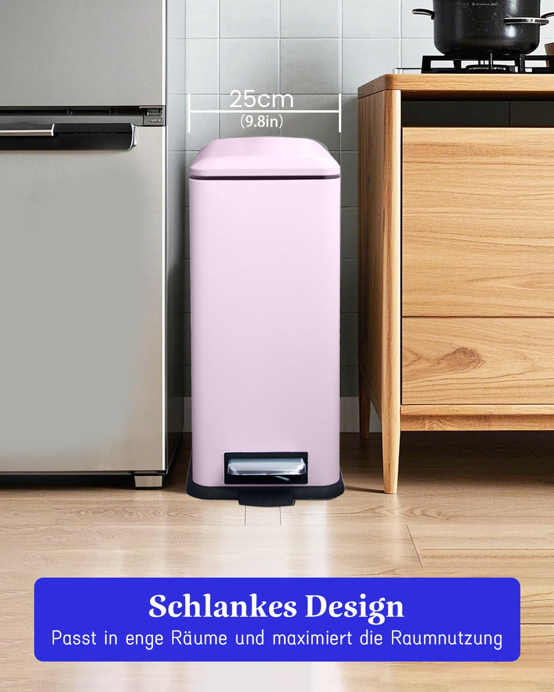 Mülleimer Küche 30L, Schlanker Tretmülleimer mit Deckel, Edelstahl Küchenmülleime mit Inneneimer, Re