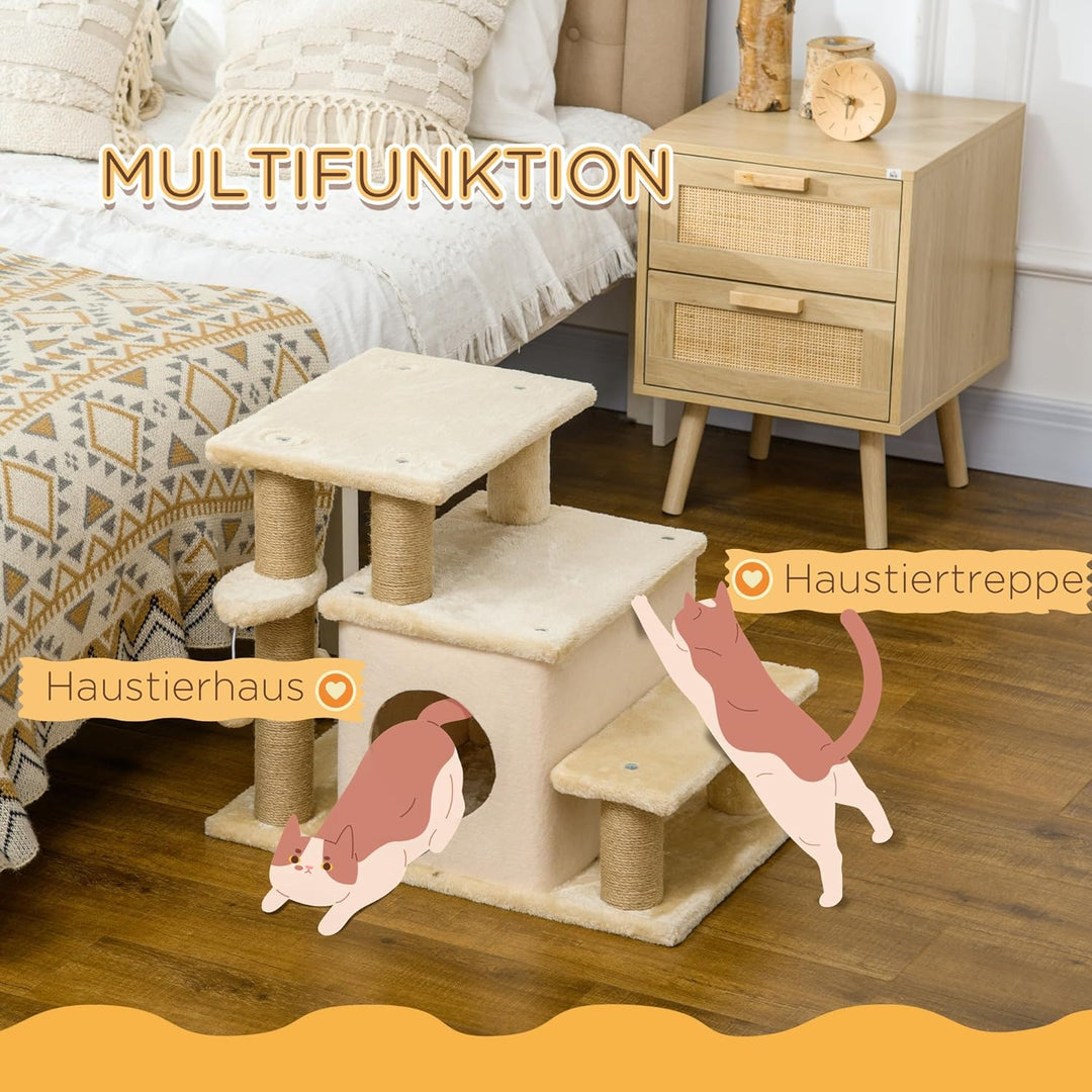 PawHut Hundetreppe 3/4 Stufen 66 cm Hoch Haustiertreppe mit Schlafhöhle, Rampe, Sipielball, Katzentr