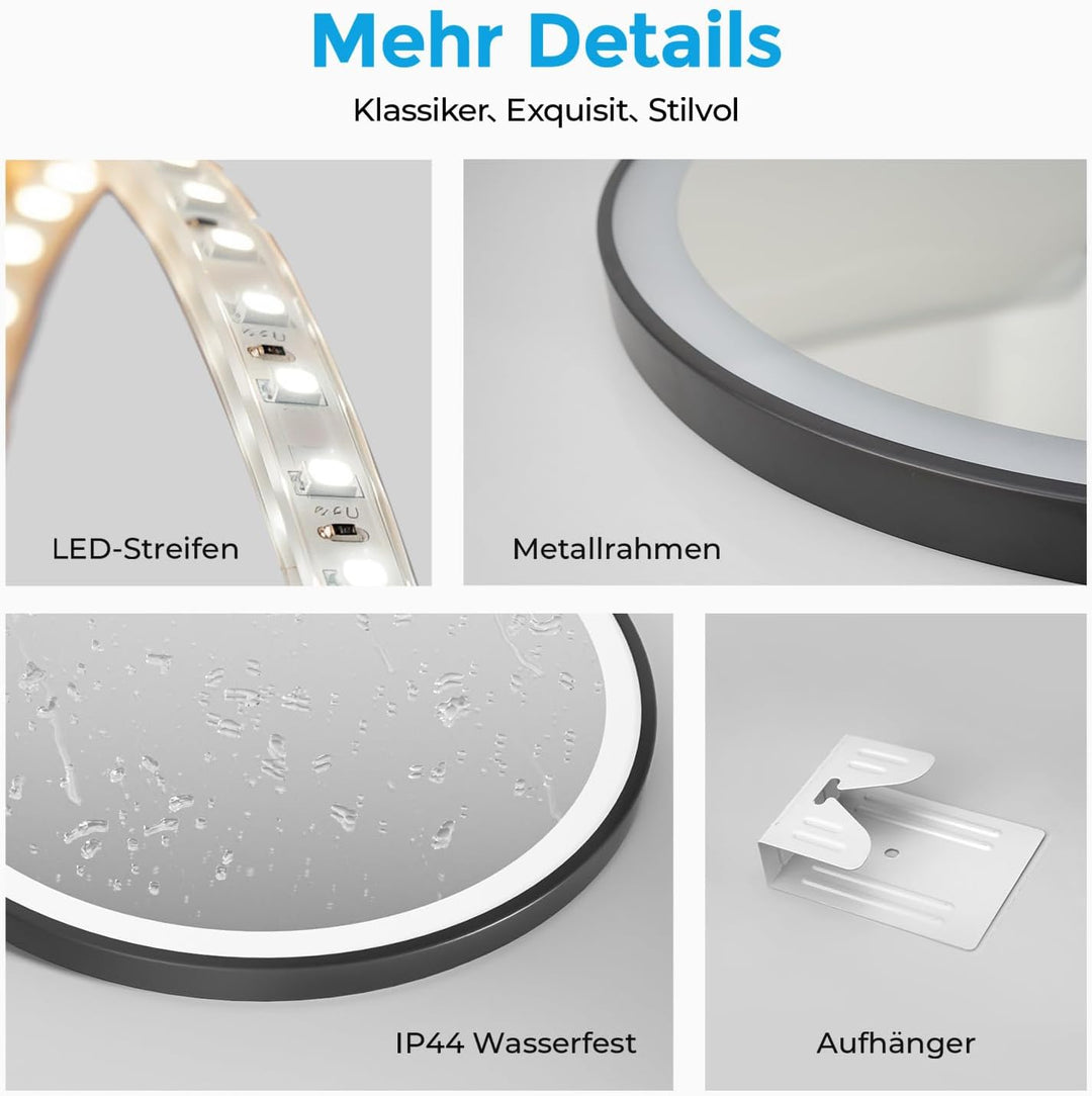 Heilmetz LED Badspiegel Rund 60cm, Spiegel mit Beleuchtung, 3 Lichtfarbe, Dimmbar, Touch-Schalter, B