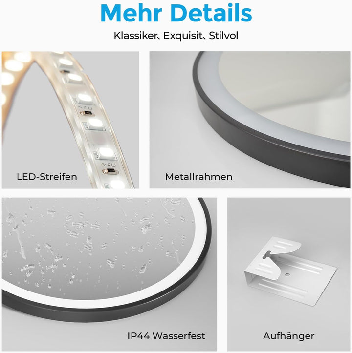 Heilmetz LED Badspiegel Rund 60cm, Spiegel mit Beleuchtung, 3 Lichtfarbe, Dimmbar, Touch-Schalter, B