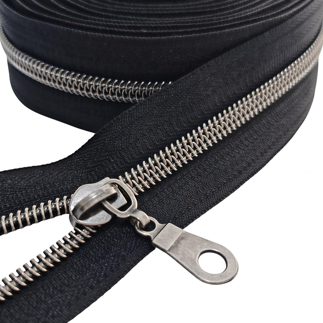 YaHoGa 9 m Altsilber endlos Reissverschluss Meterware Schwarze Reissverschluss 6mm-Spirale + 25 Nonl