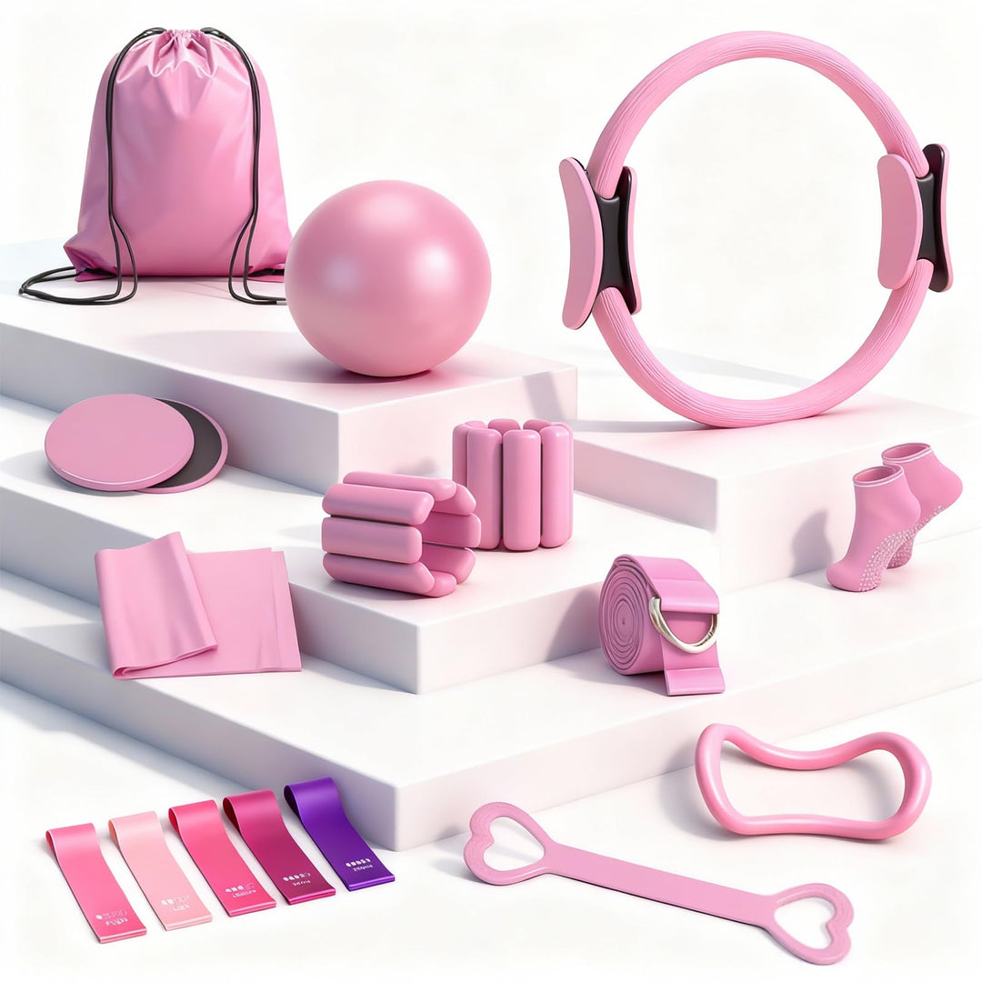 Pilates Set, 14PCS Rosa Pilates Set für Zuhause Mit Pilate Ring, Ball, Socken, Verstellbaren Handgel
