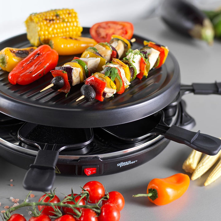 Giles & Posner Tisch-Raclette-Grill – 800W Elektrogrill mit 6 antihaftbeschichteten Pfännchen, 6 Hol