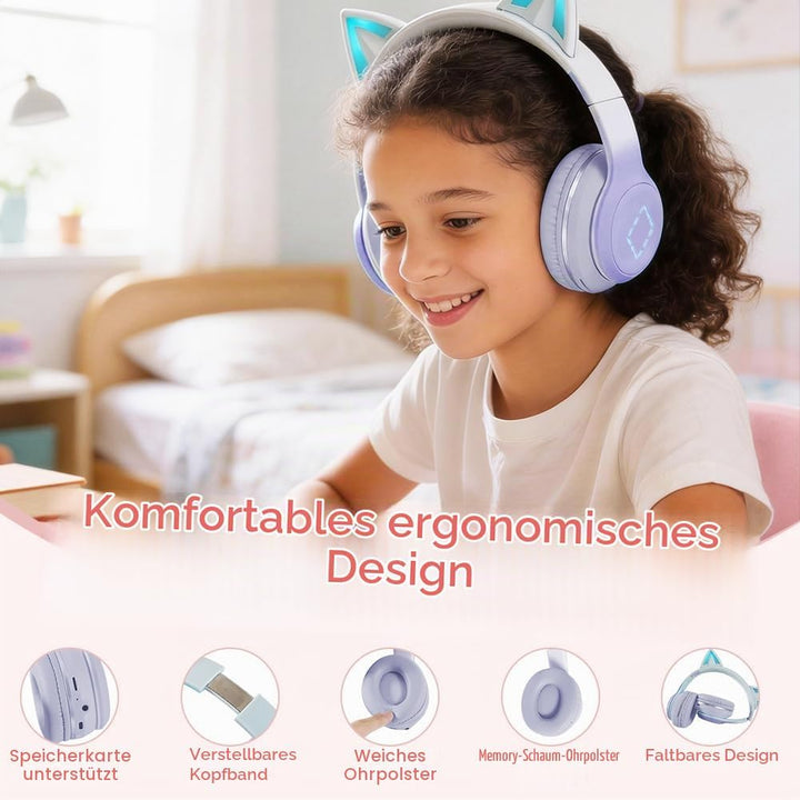 Kinder Bluetooth Kopfhörer, Katzenohr LED Lichter, Bluetooth 5.3 Stereo, Verstellbares Kopfband, 85d
