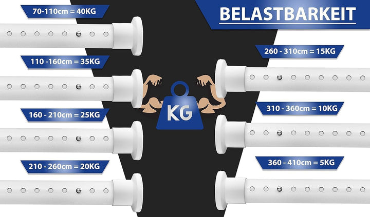 MEISENBERG Rostfreie Gardinenstange ohne Bohren 210-260cm, Ø32mm Weiss belastbare Klemmstange zum Au