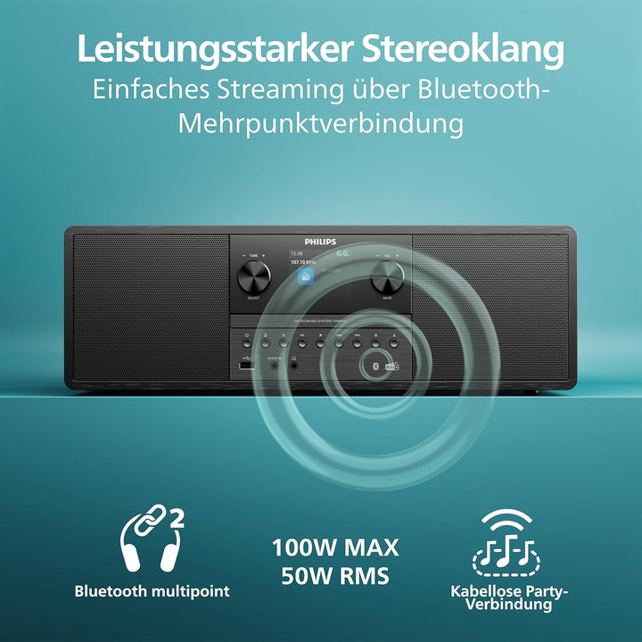 Philips TAM6500/10 100-Watt-Mikro-Musiksystem, Bluetooth 6.0, Auracast, DAB+/UKW-Radio, CD/USB/Audio