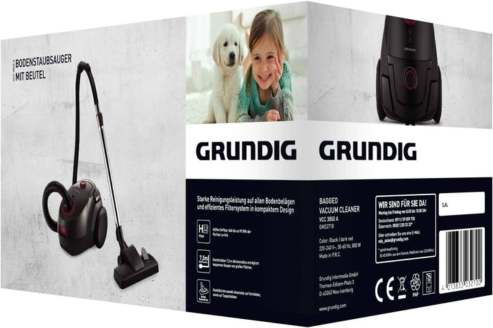 GRUNDIG, VCC 3850 A Bodenstaubsauger mit Beutel, 800W, 2,1 L, Schwarz/Rot &amp; Swirl Y 05 MicroPor Plus