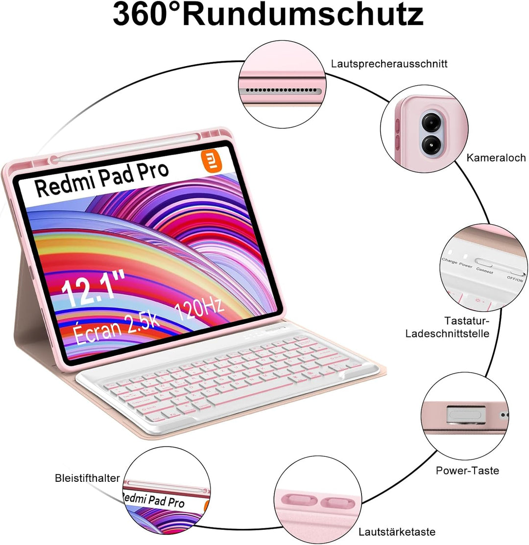 Xiaomi Redmi Pad Pro 12.1 Tastatur Hülle - Xiaomi Pad Poco 12.1 Zoll 2024, 7 Farben Beleuchtung Magn