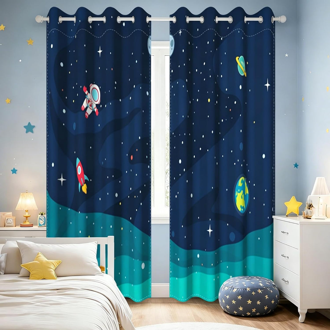 YONGFOTO 140x229cm Karikatur Muster Vorhänge, Kühle Spaceman Rakete Planeten Sterne im Weltraum, 2 P