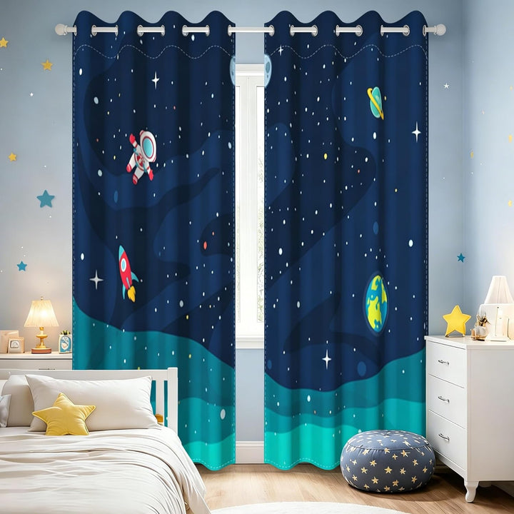 YONGFOTO 140x229cm Karikatur Muster Vorhänge, Kühle Spaceman Rakete Planeten Sterne im Weltraum, 2 P
