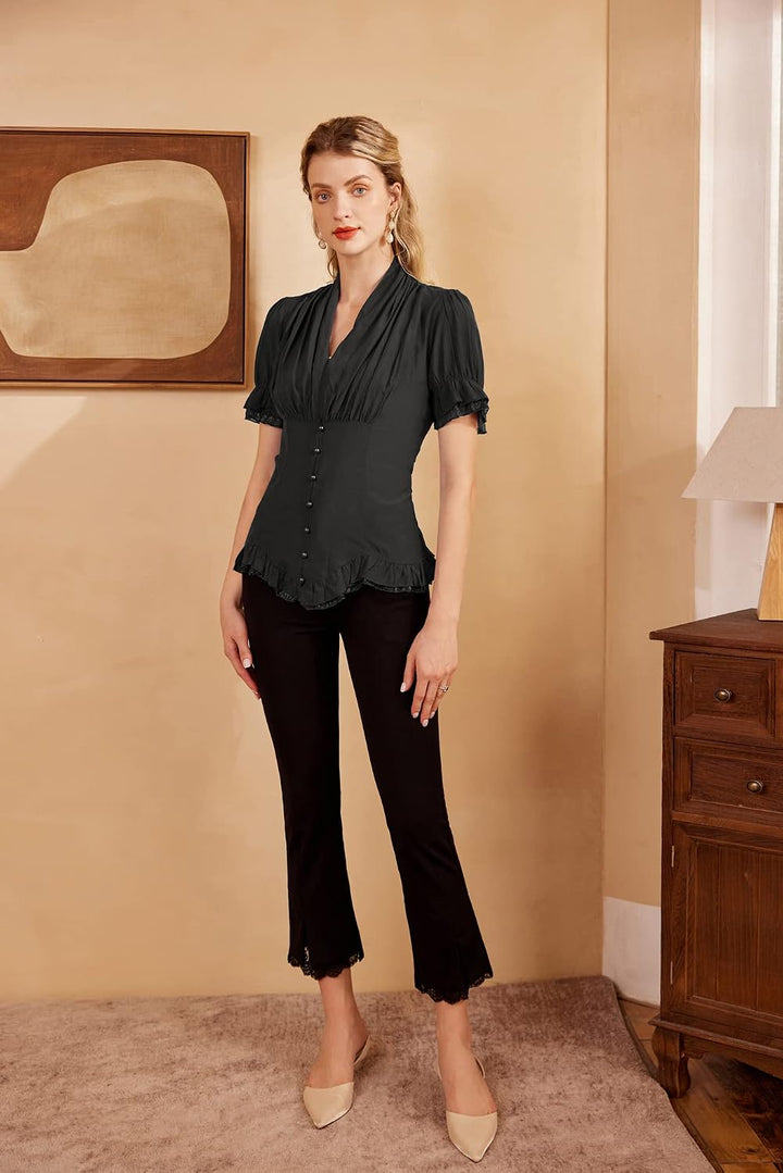 SCARLET DARKNESS Damen Rüschenbluse Mittelalter Spitzen Shirt Gothic Bluse für Party Oberteil Schwar