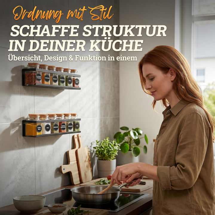 LIKAYA® Gewürzregal 2er Set aus schwarzem Metall mit 3M™ Klebepads für zB unsere Gewürzgläser (2x6 S