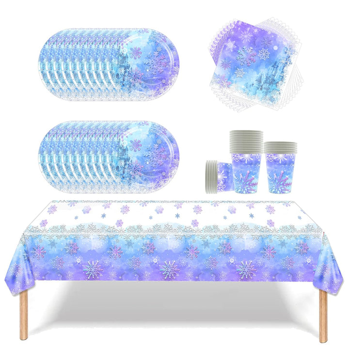 61 Stück Frozen Party Geschirr, Blau und Lila Schneeflocke Geschirr Set, 20 Servietten 20 Pappbecher