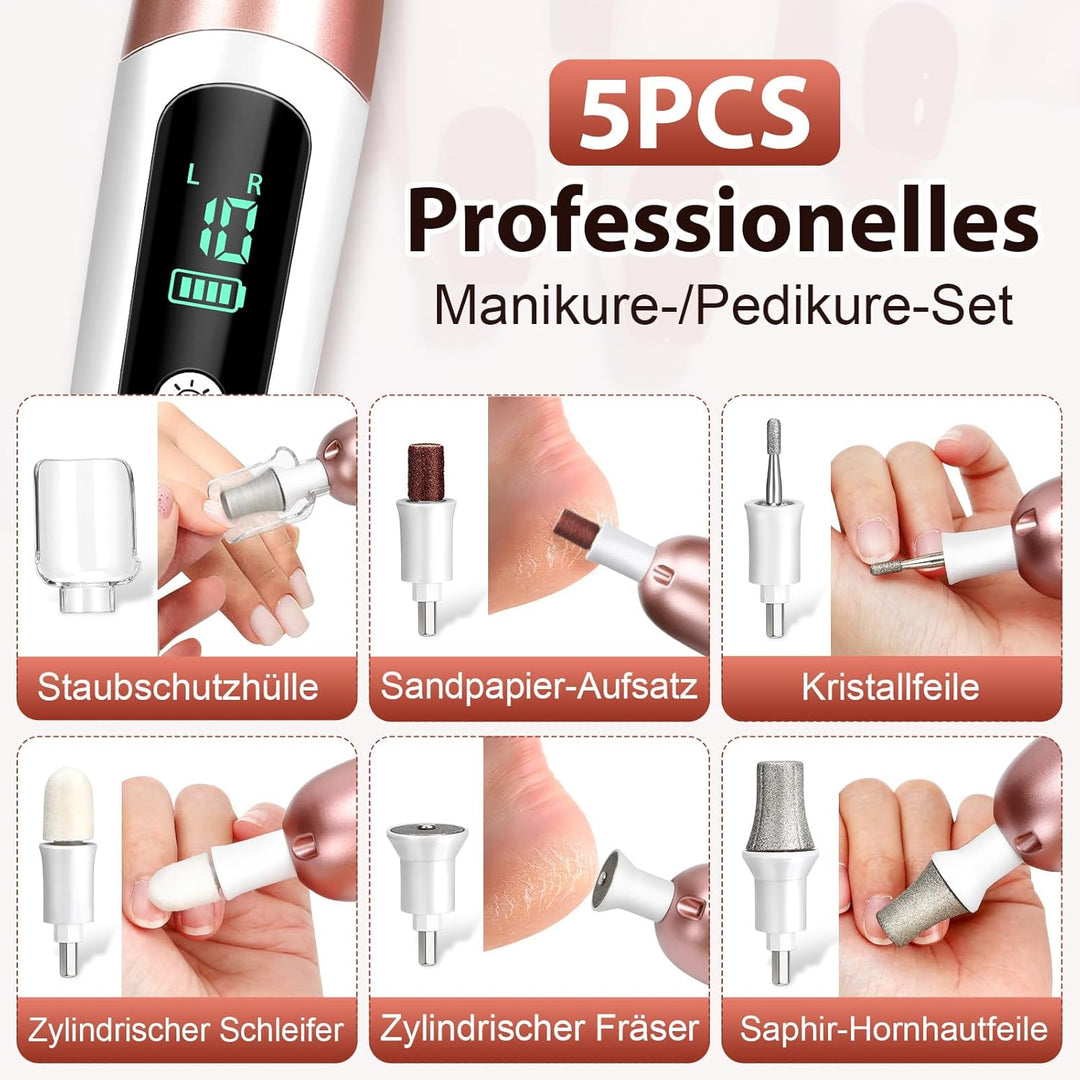 Maniküre Pediküre Set mit 10-Gang und LED Licht,Tragbare Elektrische Nagelfeile 2000 mAh Wiederaufla