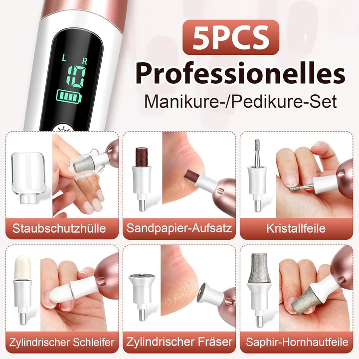 Maniküre Pediküre Set mit 10-Gang und LED Licht,Tragbare Elektrische Nagelfeile 2000 mAh Wiederaufla