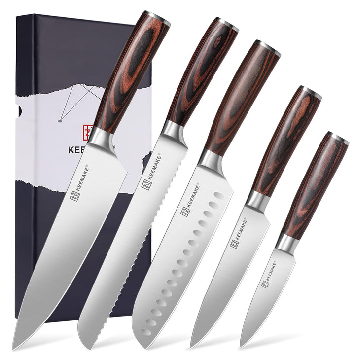 KEEMAKE Messer Set 5 Teilig, Küchenmesser Set Scharfe Messerset Edelstahl, Profi Kochmesser Set mit