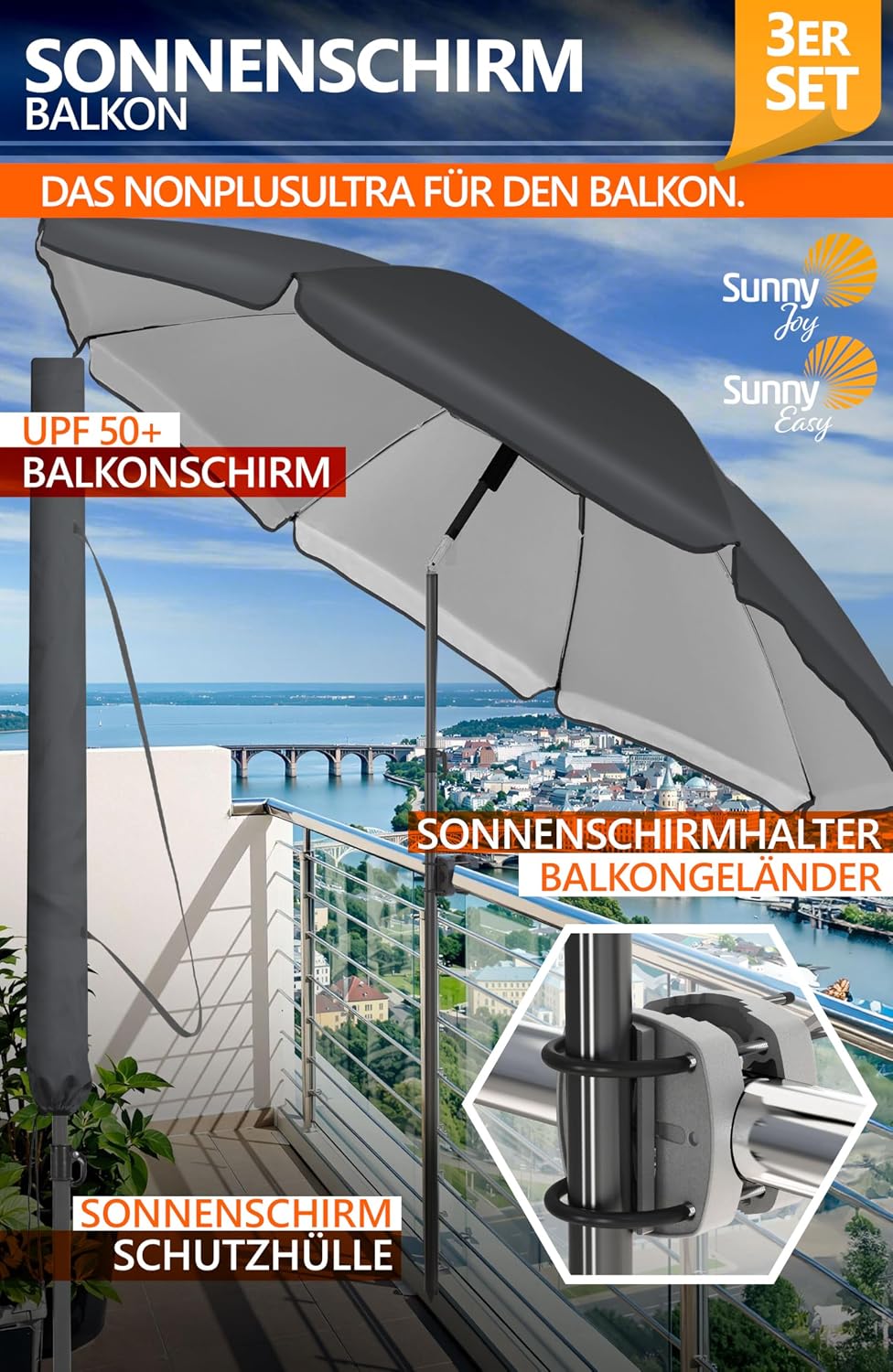 4smile Sonnenschirm Balkon SunnyJoy, 3-in-1 SET, Anthrazit - UPF 50+ Sonnenschirm Ø 180 cm + Sonnens