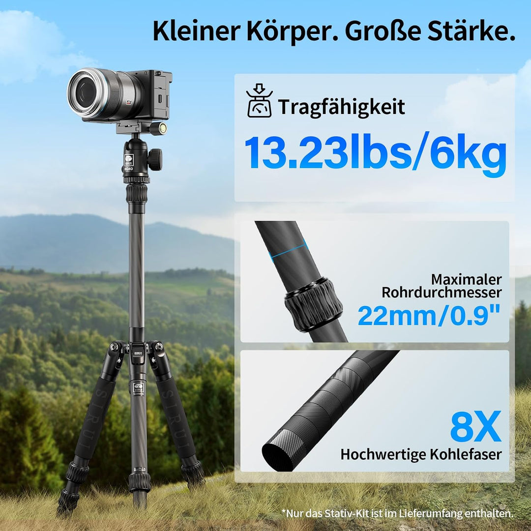 SIRUI AM-5C Carbon Reisestativ, 140cm Kompaktes leichtes Carbon Tripod mit 360° Panorama-Kugelkopf f
