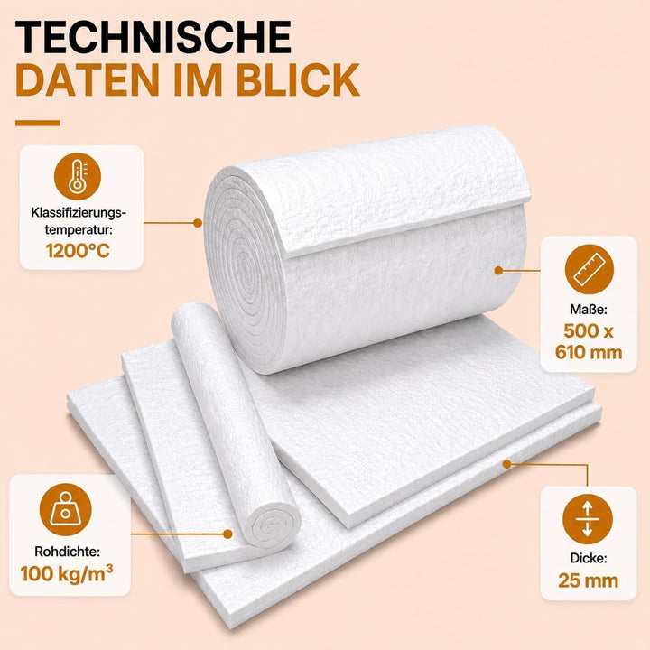 HeWaTherm Keramikfasermatte (Bio-Wolle) 1200°C / 96kg 500 x 610 x 25,4mm