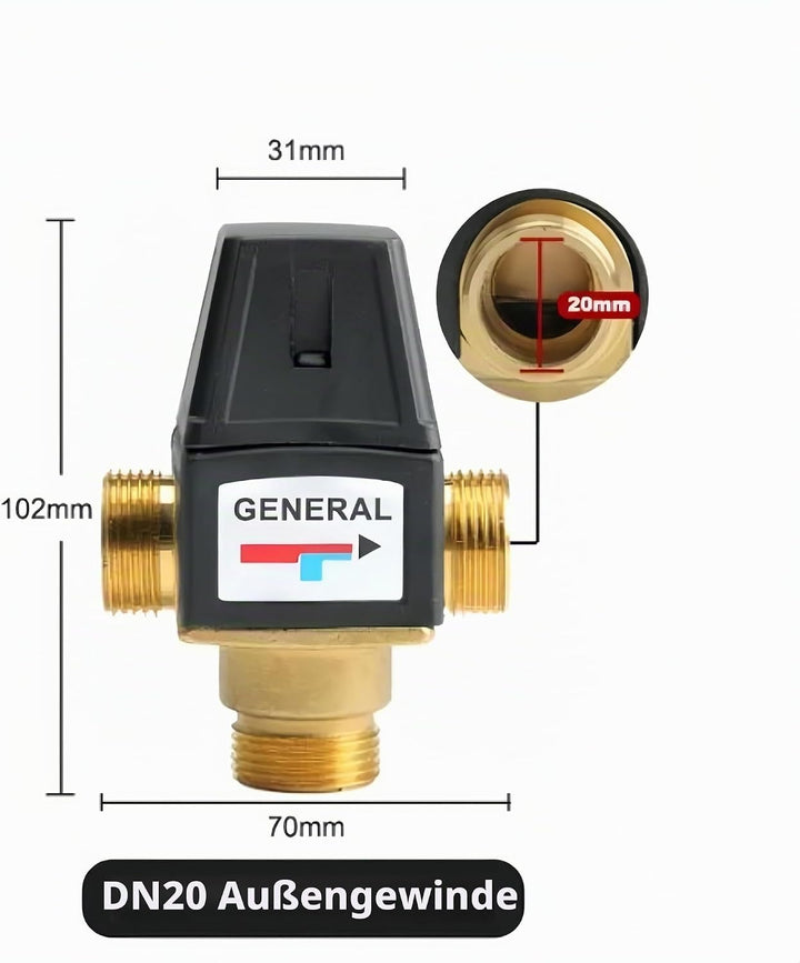 Thermostat Wassermischventil, 3-Wege Aussengewinde DN20 Messing Wassermischventil für Solarwarmwasse