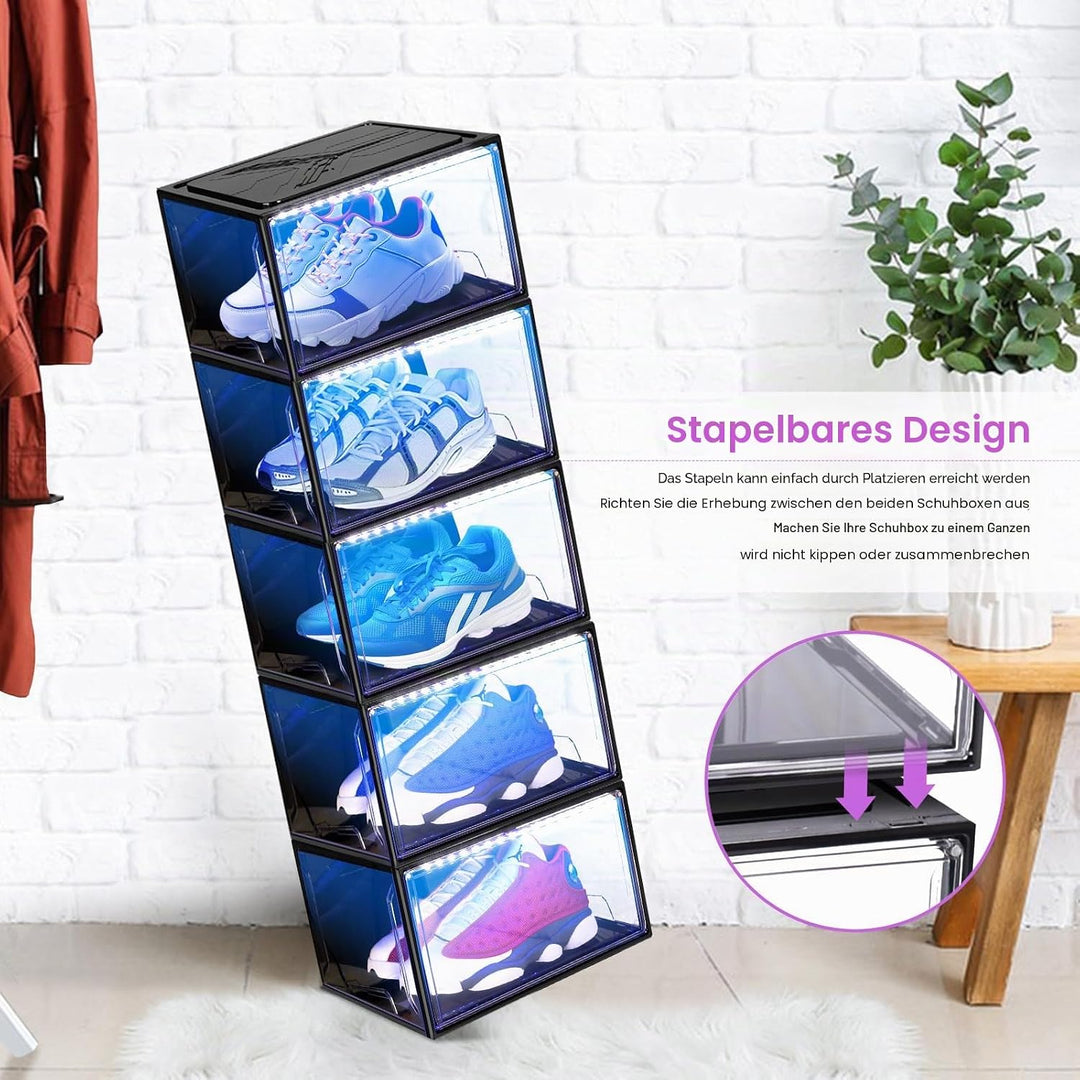 LED Schuhboxen Stapelbar, 2er Set, Schuh-Organizer aus Kunststoff, Schuhaufbewahrung Platzsparend, M