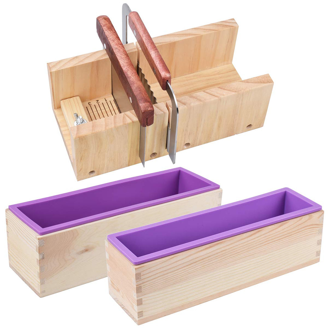 AOFOX Holzseifenlaibform und Seifenschneider-Set - 2 Stück Rechteck Silikonform unterschiedlicher Gr