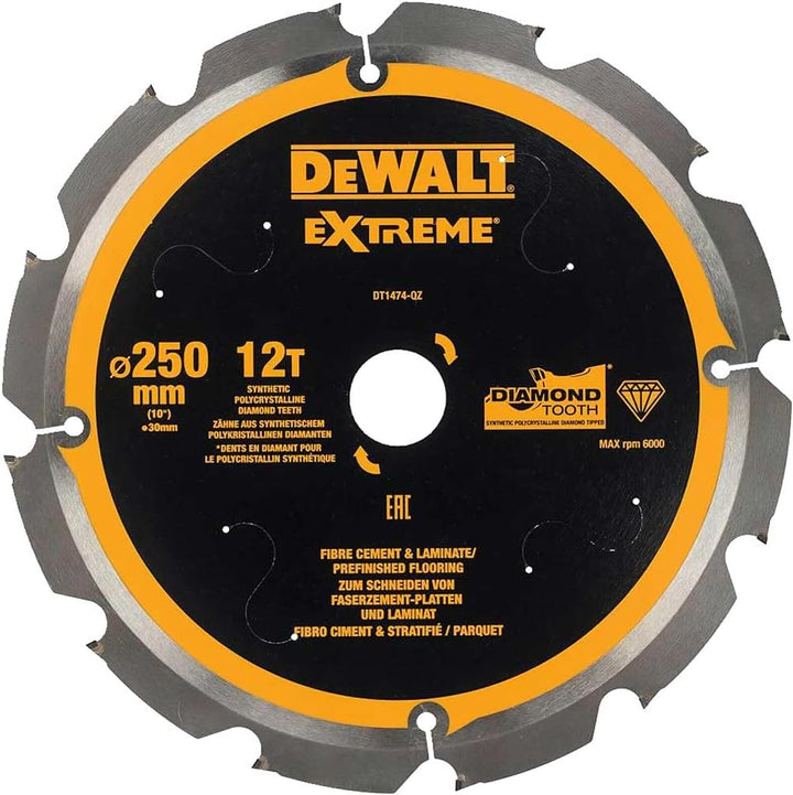 Dewalt Faserzement-Kreissägeblatt DT1474 (250/30 mm, 12 Zähne, 12°, speziell für Faserzement-Platten
