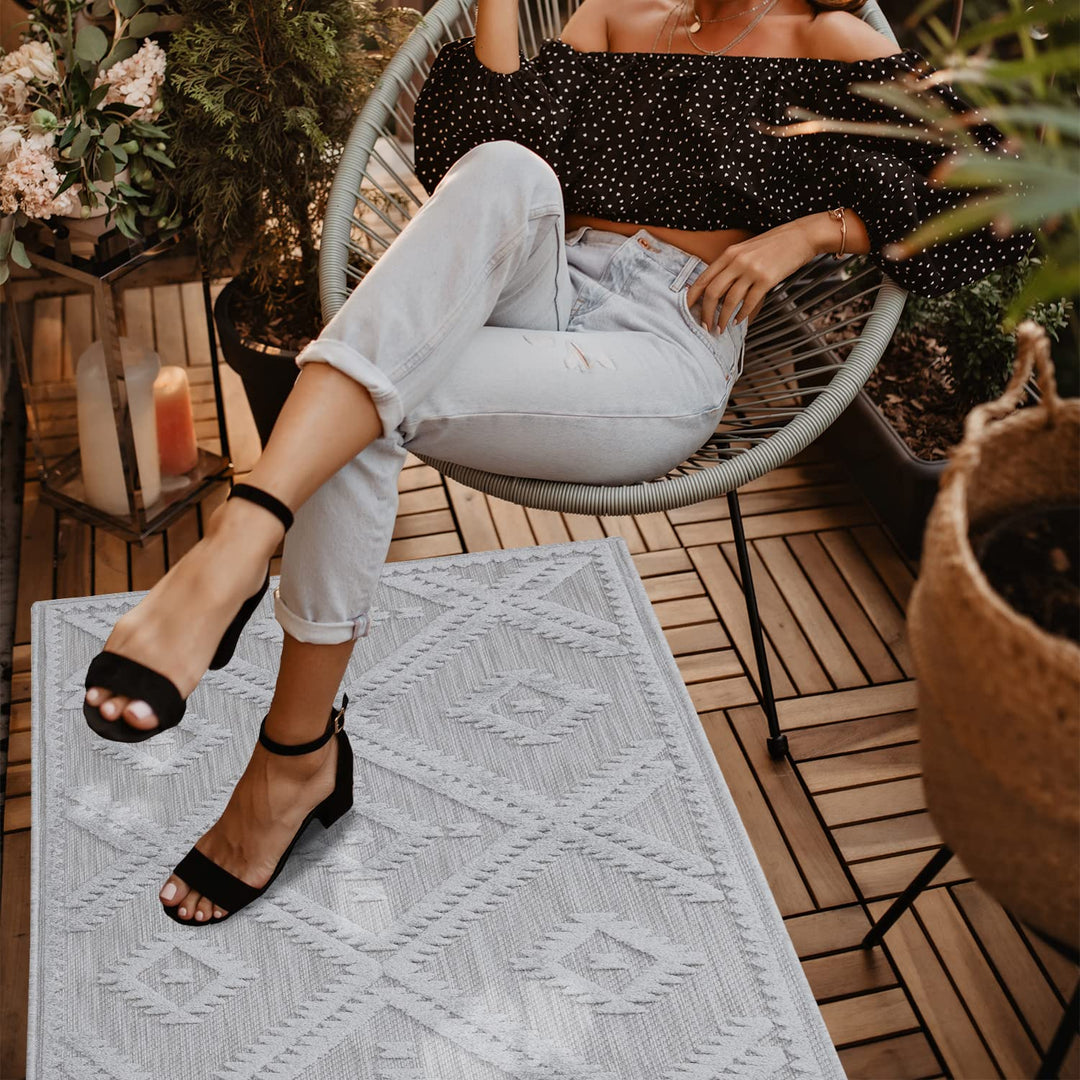 payé Teppich Läufer - Silber Grau Raute - 60x110cm - Boho Deko Teppiche für Balkon Terrasse Garten -