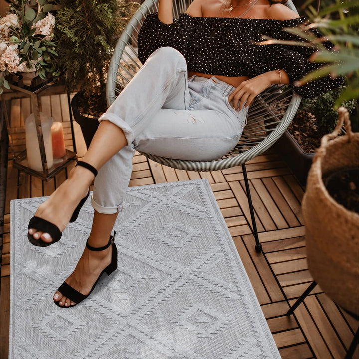 payé Teppich Läufer - Silber Grau Raute - 60x110cm - Boho Deko Teppiche für Balkon Terrasse Garten -