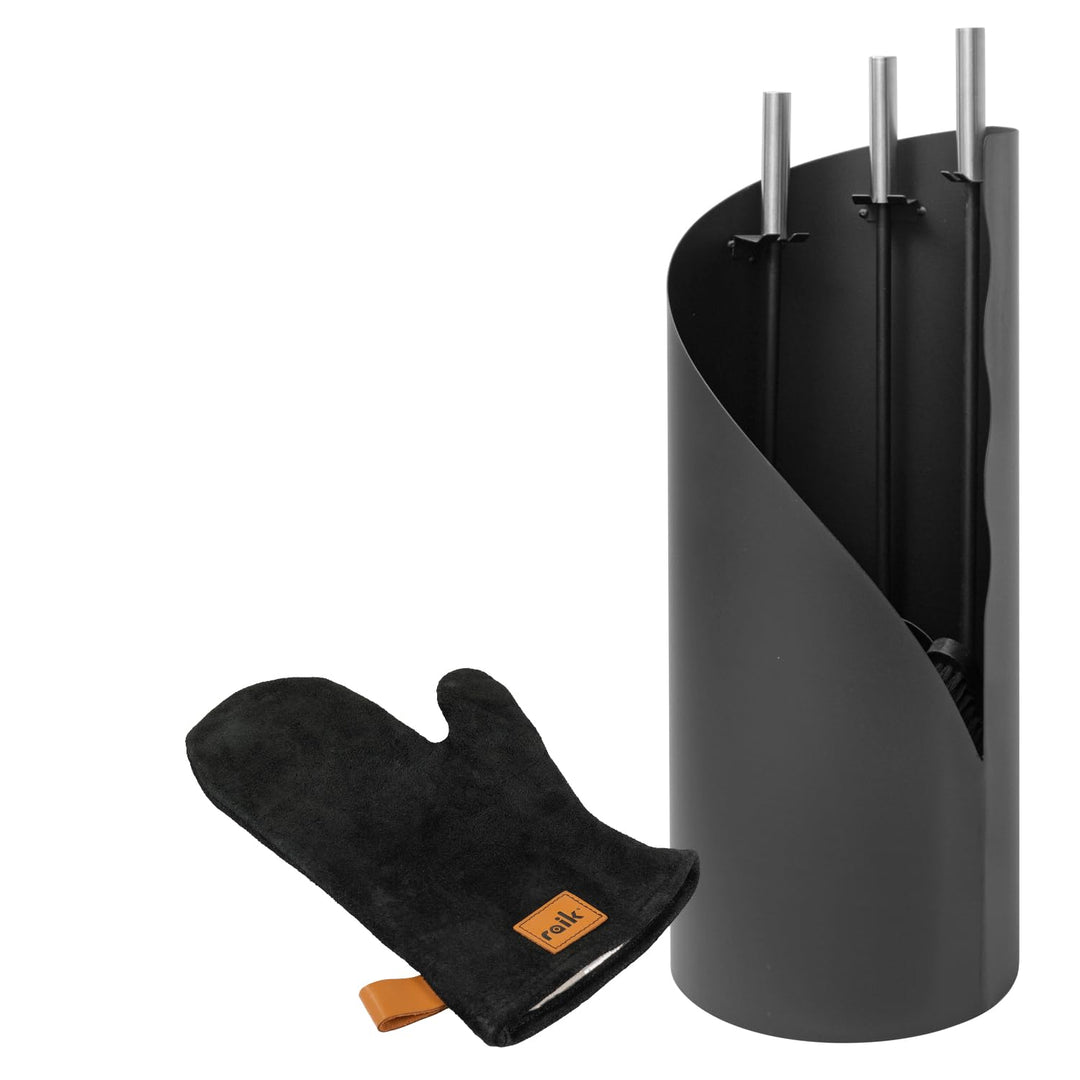 raik Kaminbesteck Set Fritz 3-teilig inkl. Rindsleder Ofenhandschuh schwarz Kamingarnitur Stahl Schw