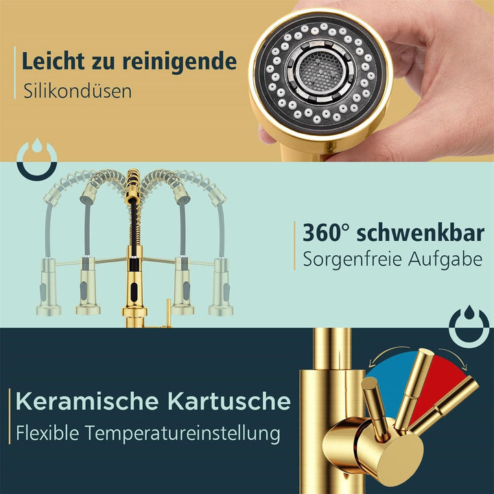 FORIOUS Wasserhahn Küche, Hoher Bogen Hochdruck Küchenarmatur mit Herunterziehen Brause Armatur, Mis