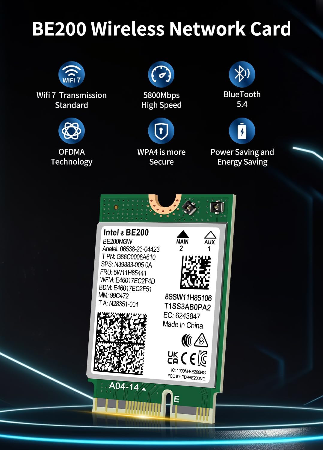 NICGIGA WiFi 7 Wireless Card Intel BE200 NGW, Bluetooth 5.4, 5800Mbps M.2/NGFF Network Support Windo
