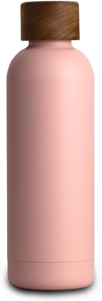 T&N Edelstahl Trinkflasche 500ml, Thermosflasche 0.5l mit Akazienholz Deckel, Isolierte Wasserflasch
