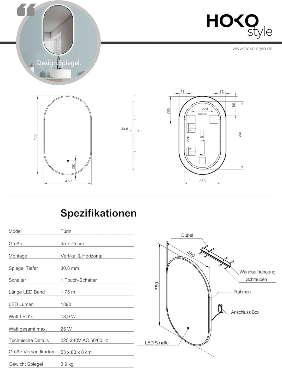 HOKO® Design LED Lichtspiegel oval 45 x 75 cm, Rahmen Matt Schwarz. HOCH + QUER Montage möglich. Bad