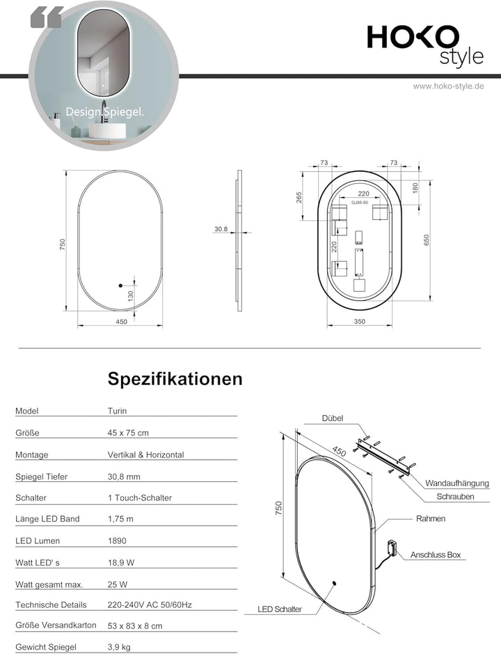 HOKO® Design LED Lichtspiegel oval 45 x 75 cm, Rahmen Matt Schwarz. HOCH + QUER Montage möglich. Bad