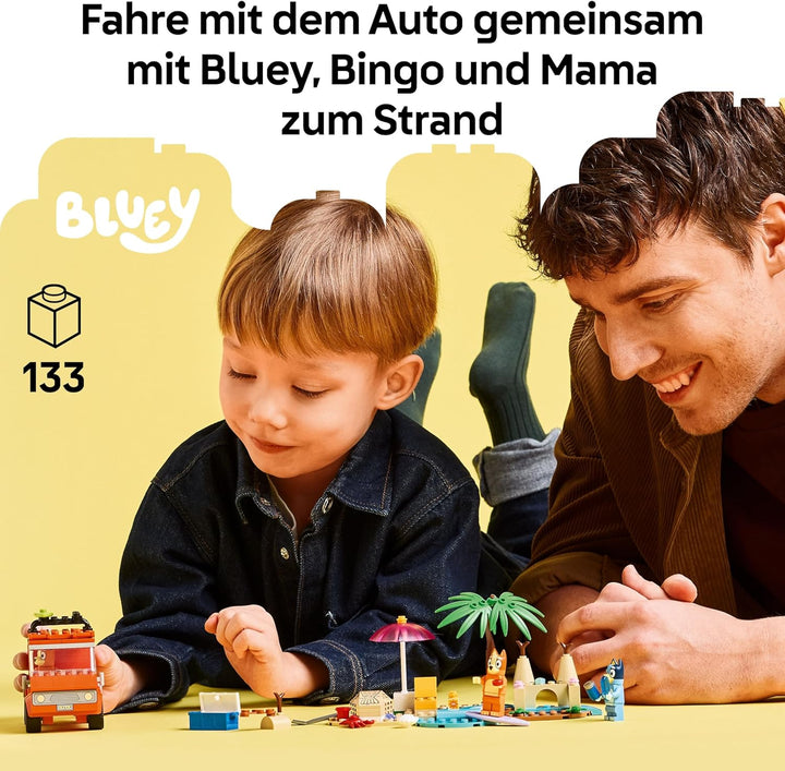LEGO Bluey: Bluey's Beach & Family Car Trip Toy with 3 Minifigures incl. Bingo & Chilli, Plus 2 Surf