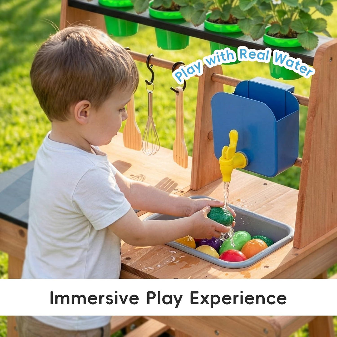 OOOK Matschküche Kinder Outdoor mit Rädern, Outdoorküche Kinder aus Holz, Gartenspielküche Outdoor f