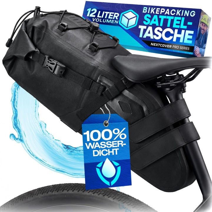 Nextcover® Bikepacking Satteltasche [12 Liter] I Fahrradtasche Sattel I 100% Wasserdicht Dank AquaSh
