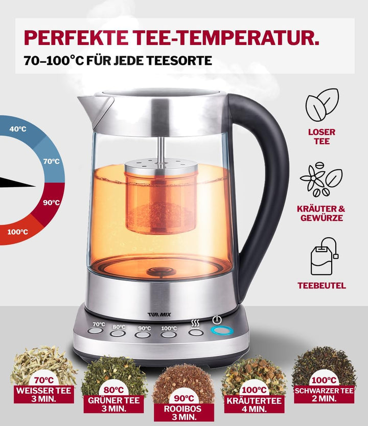 TURMIX 2in1 Teekocher elektrisch mit Wasserkocher Glas 2200W 1,5L Silber, Temperatureinstellung 70–1