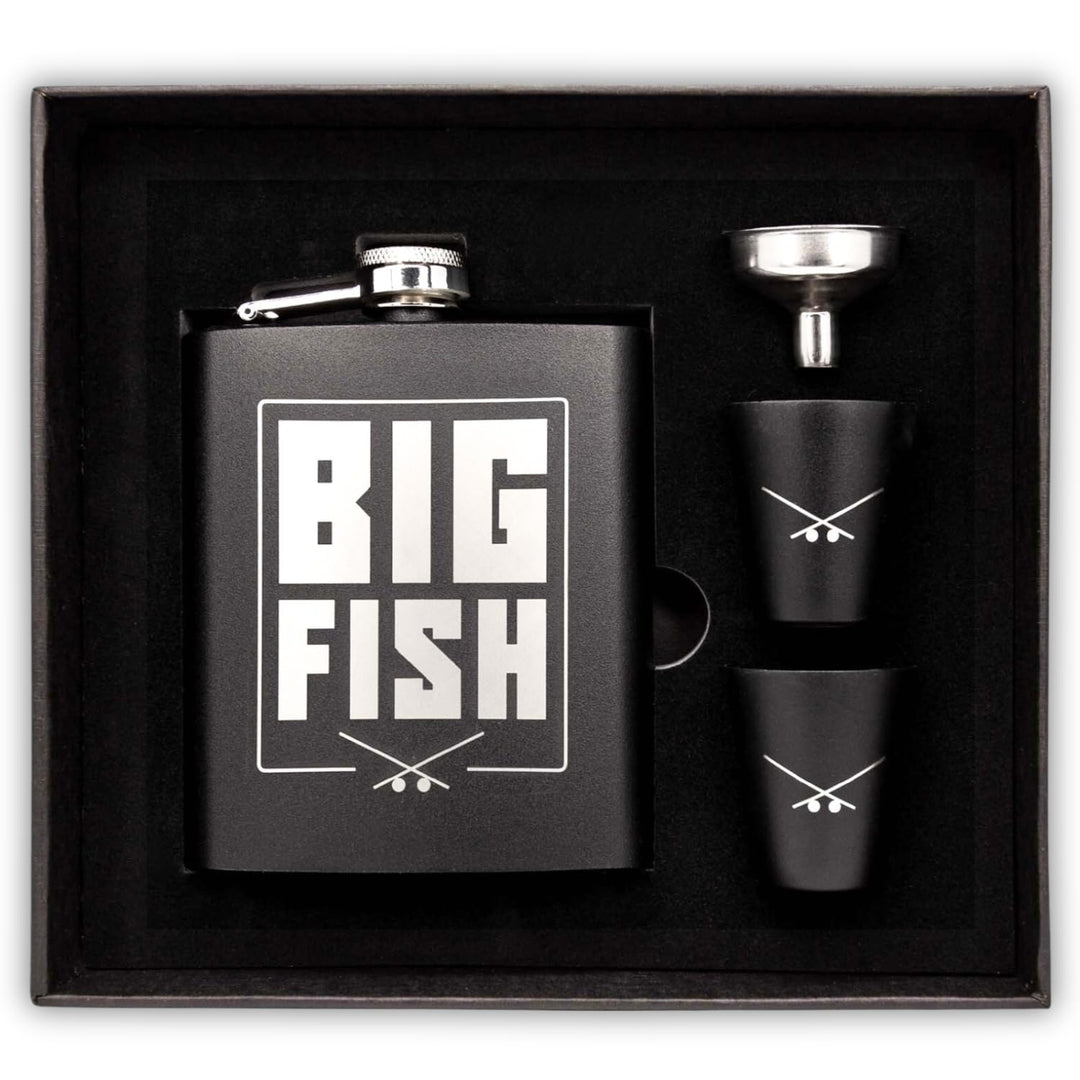 Monkey Lures Flachmann Edelstahl für Angler Set, mit Bechern, Angler Geschenk, Geschenk für Angler,