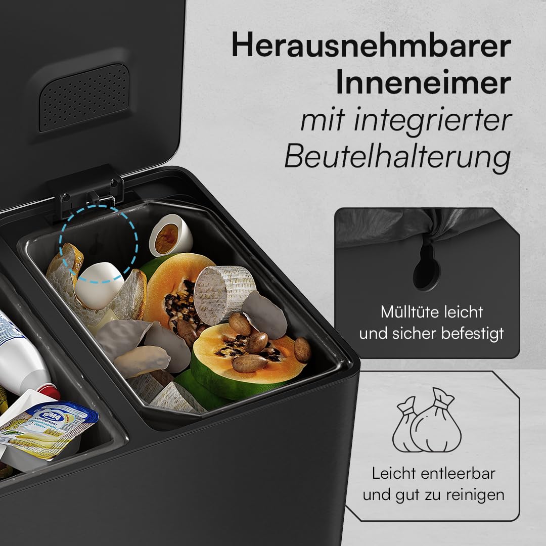 STEELSØN Gloas Mülleimer 2 Fächer – Mülltrennsystem Küche 2x15 L aus Edelstahl Schwarz – Tretmülleim