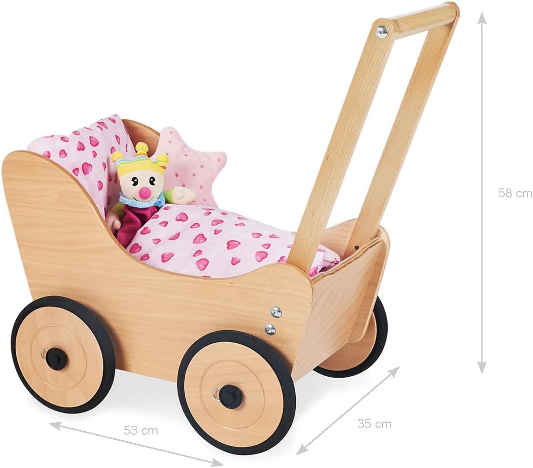 Pinolino Puppenwagen Sarah, aus Holz, mit Bremssystem, Lauflernhilfe mit gummierten Holzrädern, für