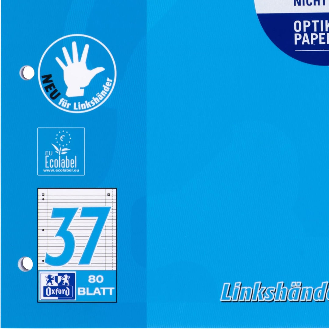 Oxford Linkshänder-Collegeblock A4 liniert, 80 Blatt, blau, 10 Stück Organiserbook Lineatur 37 - lin