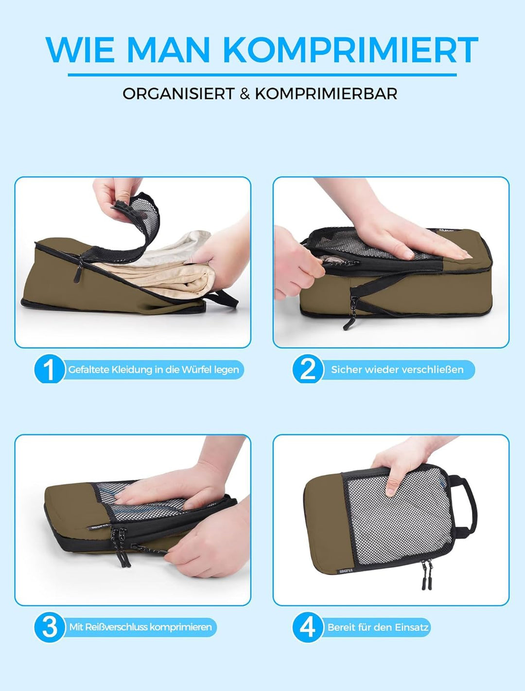 BAGLHER Packwürfel Kompression für die Reise - Extrem platzsparender Koffer-Organizer-Set, wasserdic