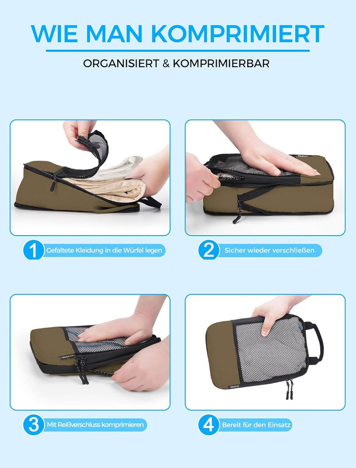 BAGLHER Packwürfel Kompression für die Reise - Extrem platzsparender Koffer-Organizer-Set, wasserdic