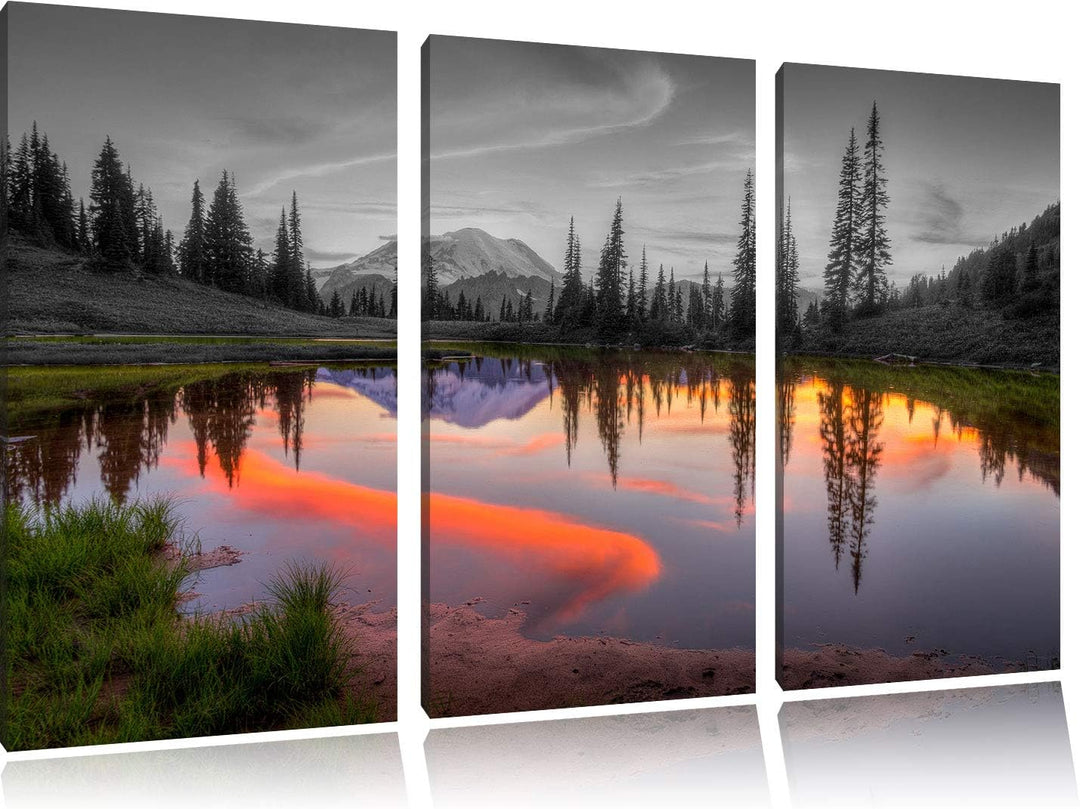 Sonnenaufgang an kleinem Bergsee schwarz/weiss 3-Teiler Leinwandbild 120x80 Bild auf Leinwand, XXL r