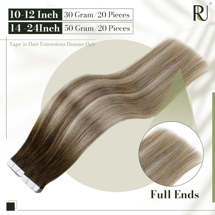 RUNATURE Echthaar Extensions Tape 50cm Braun Balayage Blond Lang Tape in Extensions Ombre Braun 20 S