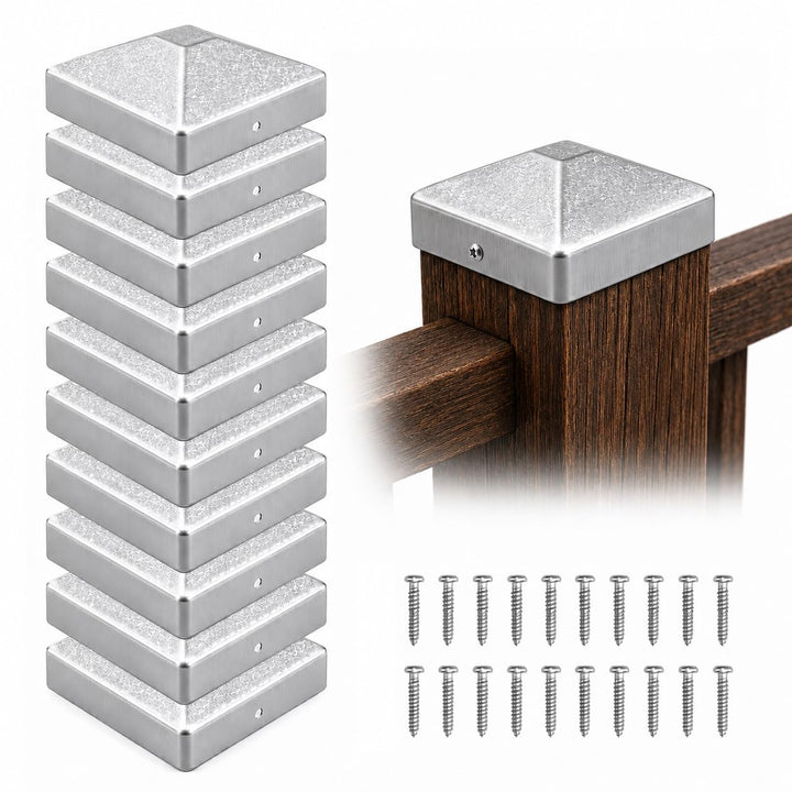 10 Stück Pfostenkappen 7 × 7cm mit 20 Schrauben | Verzinkte Metall Pfostenabdeckung in Pyramidenform